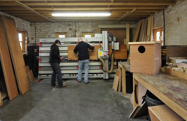 Carl (Left ) & Kev (Right) in the Nest Box workshop cutting pywood for Owl Boxes - 1st March 2012