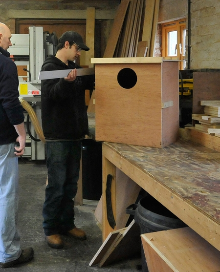 Carl measuring up an internal Barn Owl Nest Box - 1st March 2012