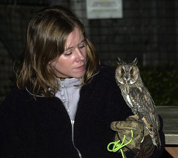 Juliette having a moment with Tess, a Long Eared Owl